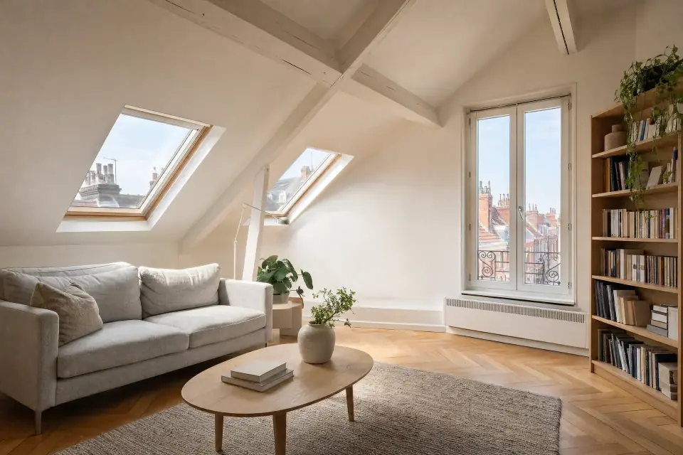 Séjour lumineux d’un appartement en dernier étage