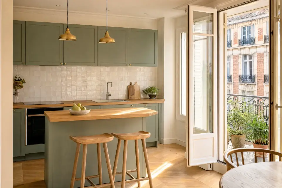 Cuisine ouverte d’un appartement, lumière chaude
